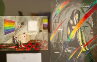 Buntstiften und Acrylfarbe malte. Sie zeigen einen deprimierten und isolierten Menschen unter der Regenbogenflagge.